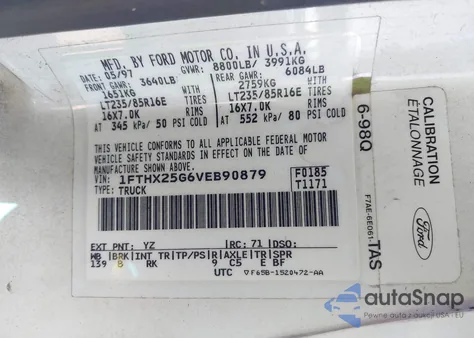 1997 Ford F-250 Xl из США, поврежденный, VIN 1FTHX25G6VEB90879